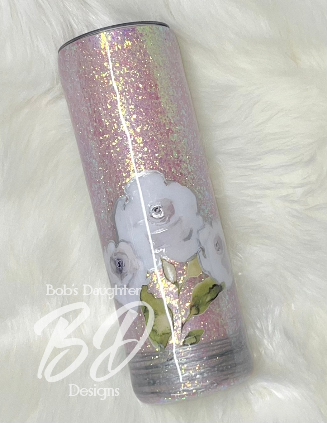 Pink w/White Rose Tumbler w/Silver Accents