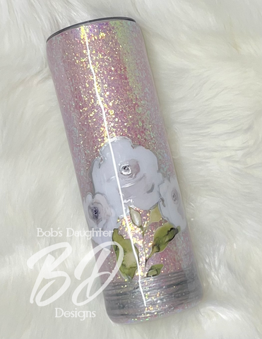 Pink w/White Rose Tumbler w/Silver Accents