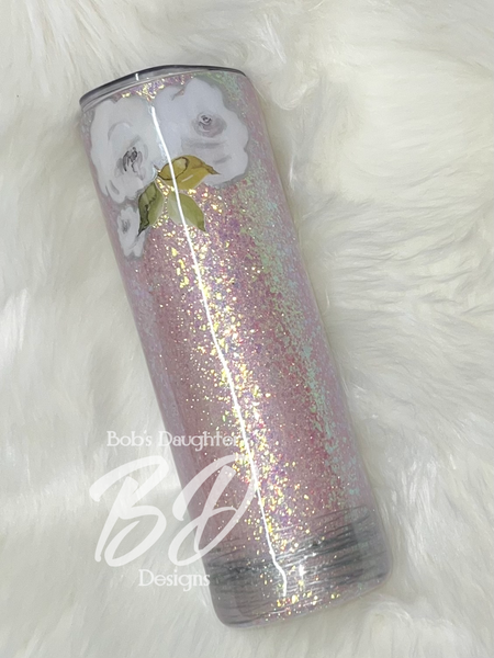 Pink w/White Rose Tumbler w/Silver Accents